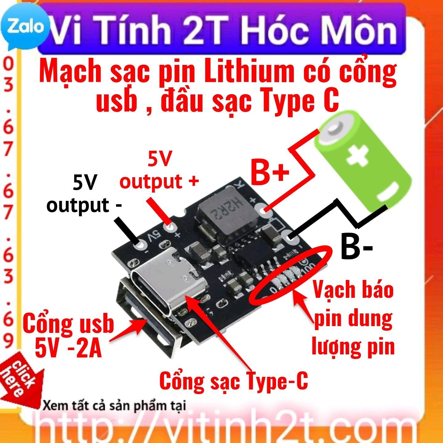 Mạch sạc pin 3.7v 4.2v có bảo vệ mạch, cổng usb 5v 2a, cổng sạc Type C
